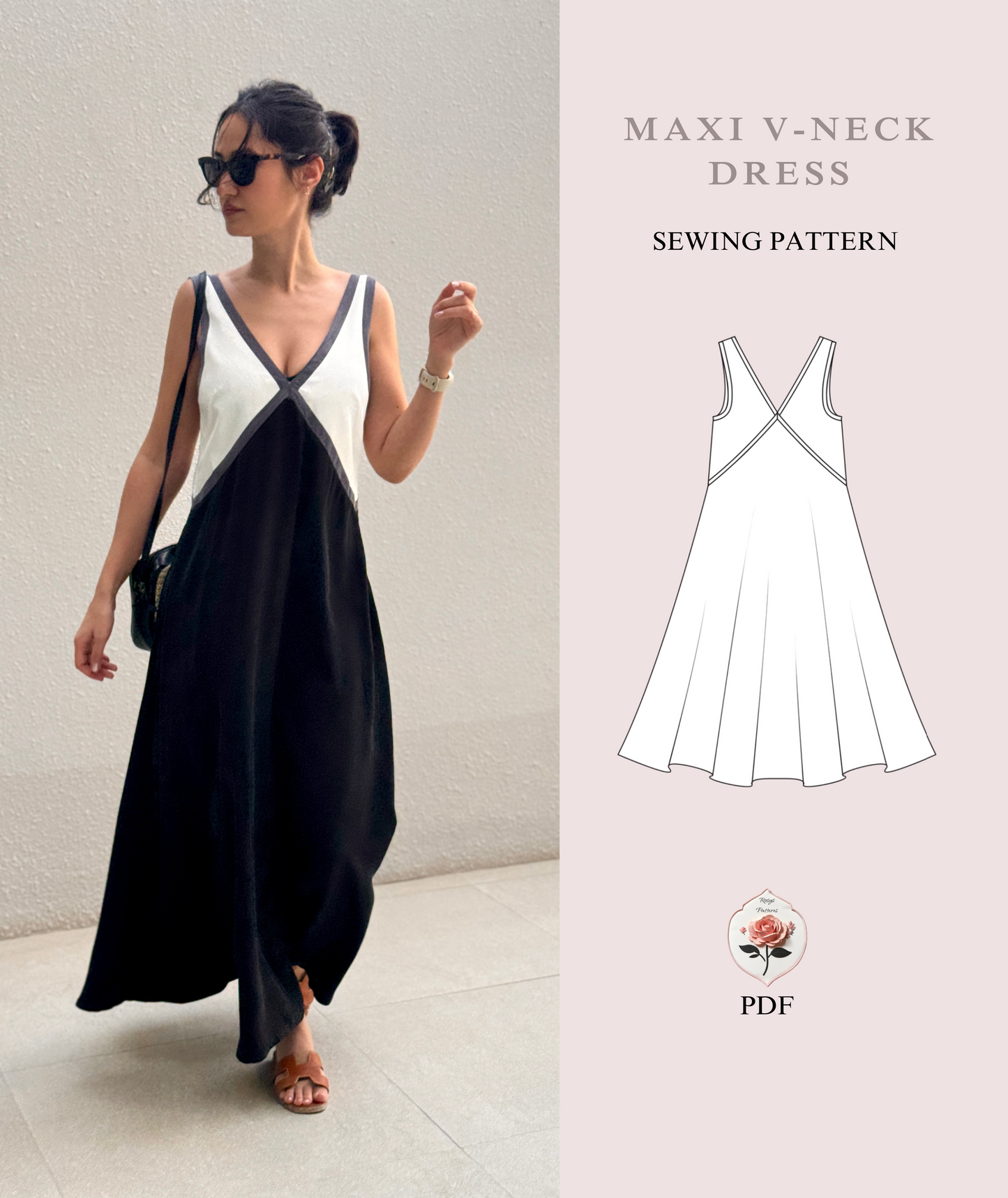 Maxi V-Neck Dress Sewing Pattern Instant Download