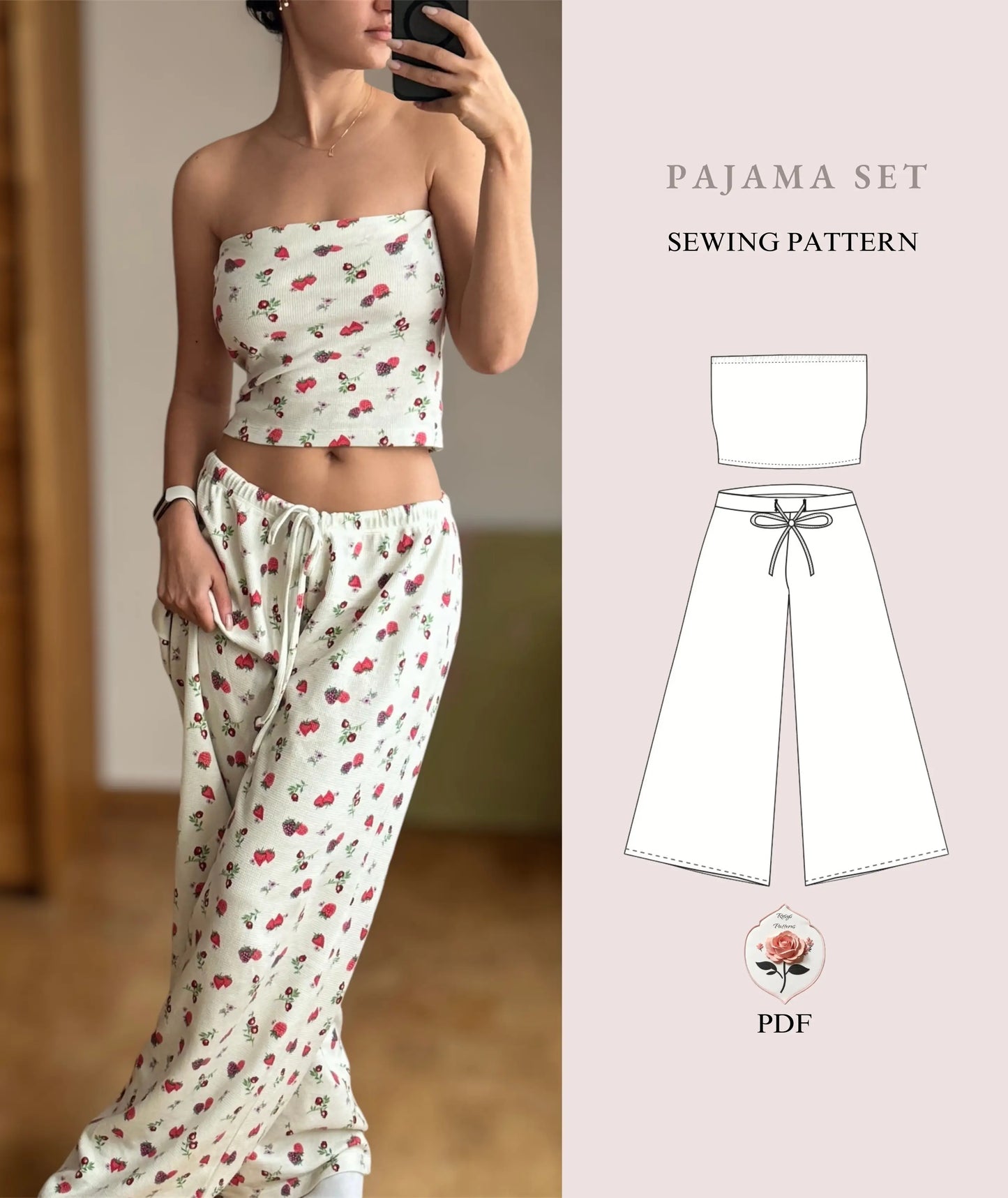 Womens Pajama Set Beginner PDF Sewing Pattern Wide Leg Pants and Strapless Top